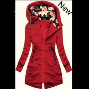 Red Hooded Jacket Long Full Zip Floral Sweatshirt Coat Hood Sm Fitted New